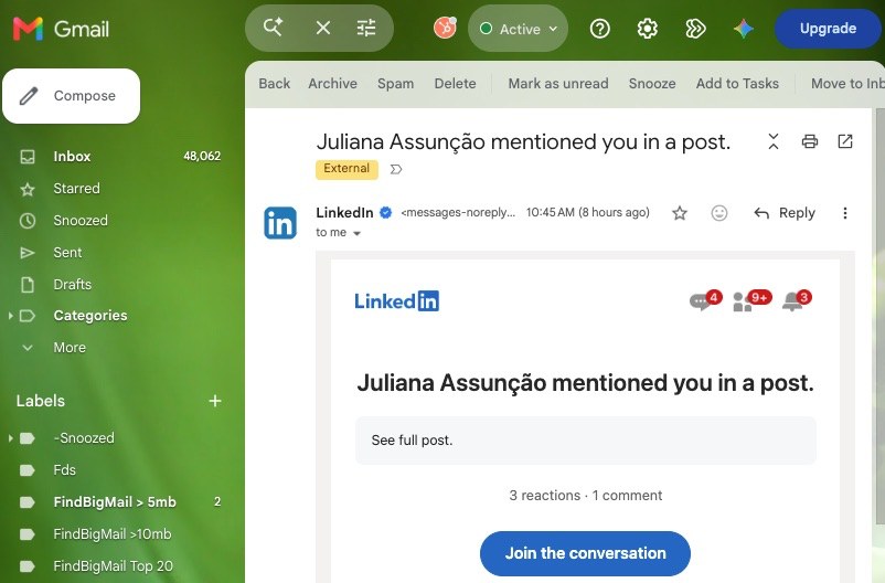 E-mail de notificação do LinkedIn: Juliana Assunção mentioned you in a post